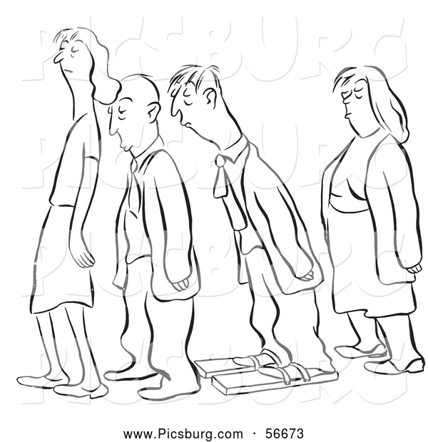 Clip Art of a Retro Vintage Man Wearing Boards on His Feet to Help Him Sleep While Waiting in Line Black and White - Coloring Page Outline
