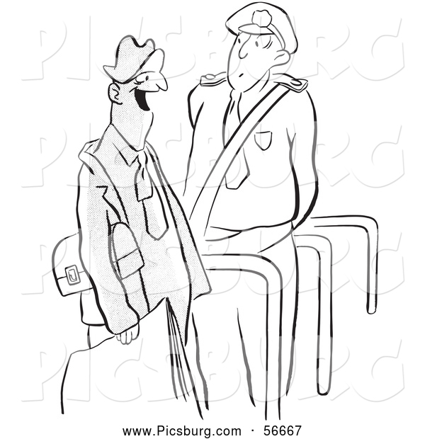 Clip Art of a Retro Vintage Security Guard and Man Black and White Sketched Coloring Page Outline