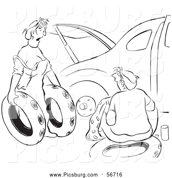 Clip Art of a Retro Vintage Woman Offering Ruined Spare Tires for Her Husband Car Black and White Coloring Page