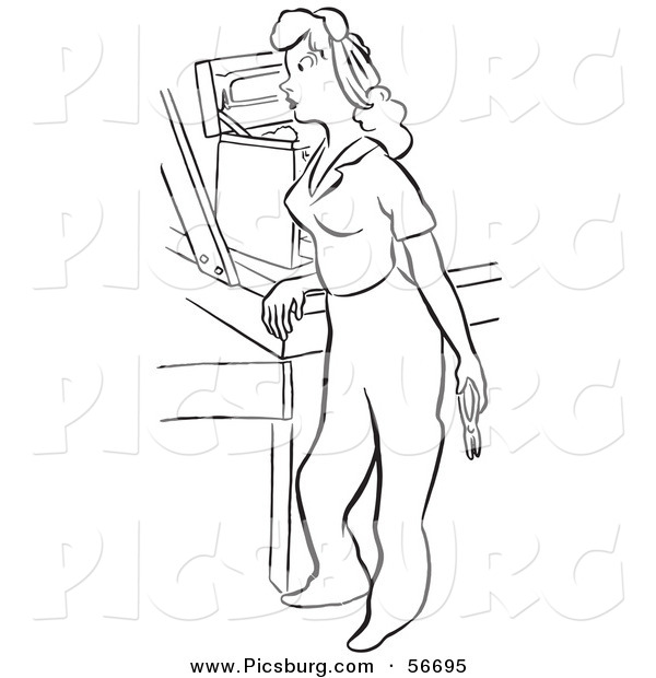 Clip Art of a Retro Vintage Worker Leaning by a Tool Box Black and White