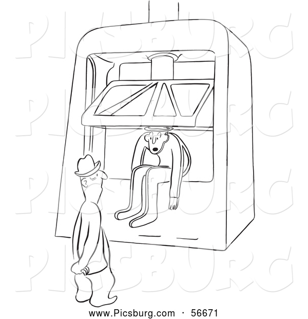Clip Art of a Retro Vintage Worker Man in a Machine Press, About to Get Squished, Black and White - Coloring Page Outline