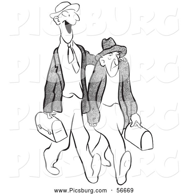 Clip Art of a Retro Vintage Worker Man Trying to Cheer up a Grumpy Guy, Sketched on White