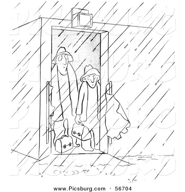 Clip Art of a Retro Vintage Worker Men Contemplating Going out in the Rain, a Black and White Sketch