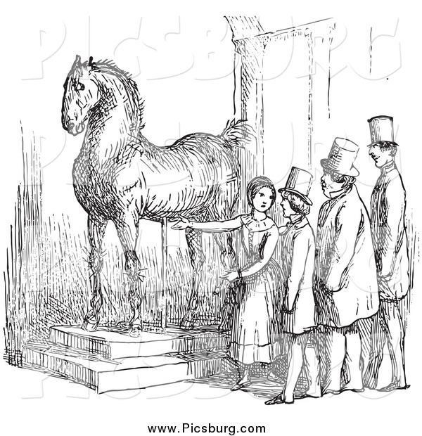 Clip Art of a Retro Woman Presenting Wallensteins Horse in Black and White