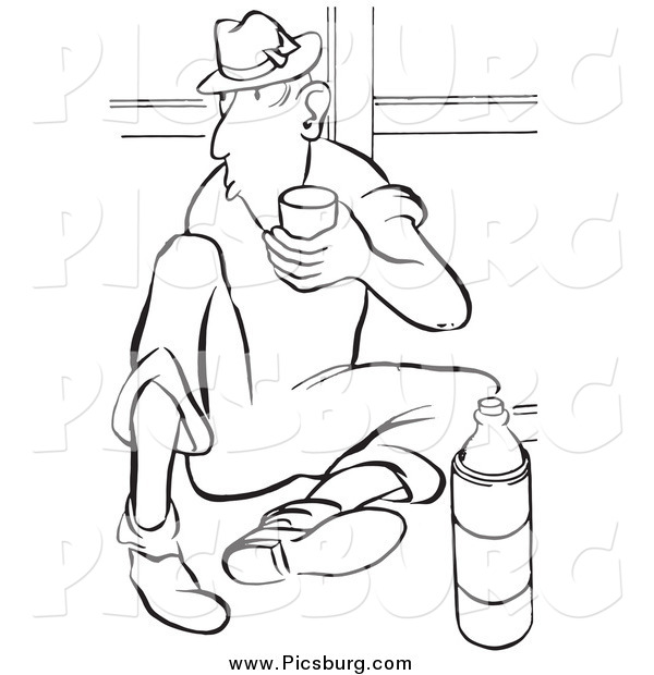 Clip Art of a Retro Worker Man Drinking Water on His Break Black and White