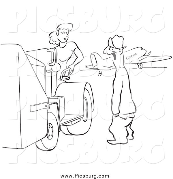 Clip Art of a Retro Worker Man Gaping at a Worker Woman Black and White