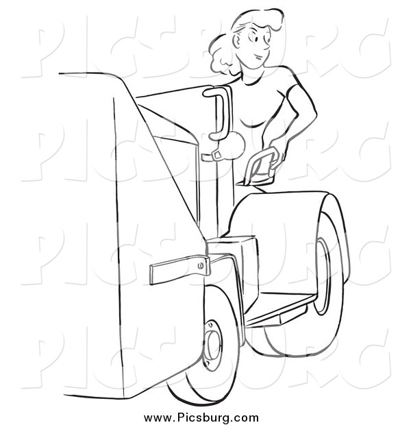 Clip Art of a Retro Worker Woman and a Machine in Black and White