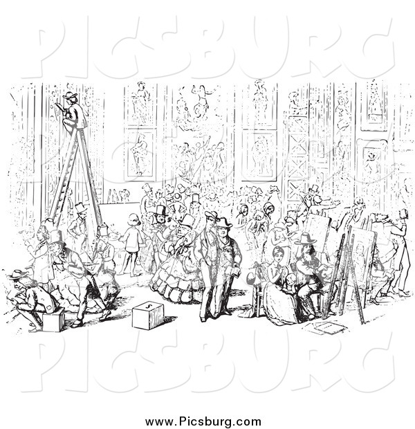 Clip Art of a Scene at Academia Hall in Black and White