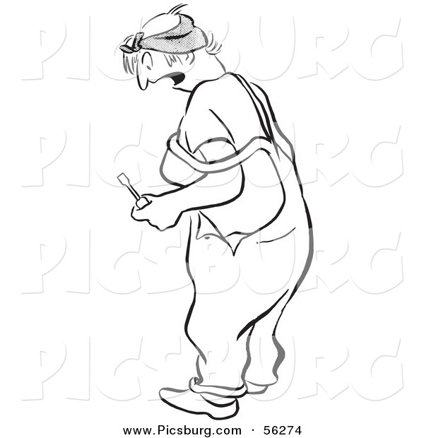 Clip Art of a Shocked Worker Woman Looking down While Holding a Wrench - Black and White Line Art