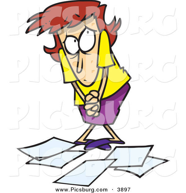 Clip Art of a Shy White Woman Worker Being Scolded for Dropping Papers