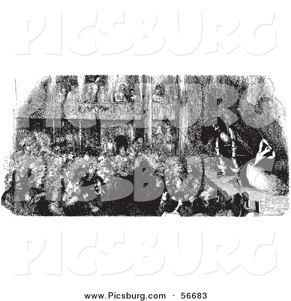 Clip Art of a Sketch of a Retro Vintage Crowd Watching a Pirate Play in Black and White