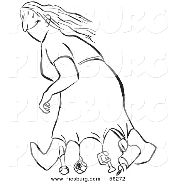 Clip Art of a Smart Woman Weighing down Her Dress While Walking in Windy Weather - Black and White Line Art