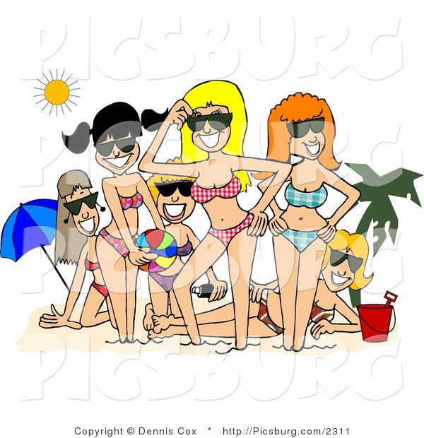 Clip Art of a Smiling Group of College Beach Girls Posing Together Under the Sun
