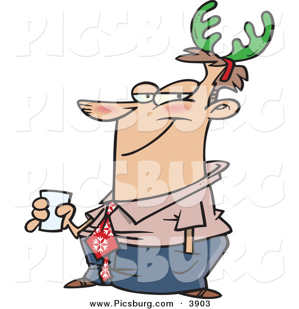 Clip Art of a Smiling White Man Wearing Green Christmas Antlers on His Head