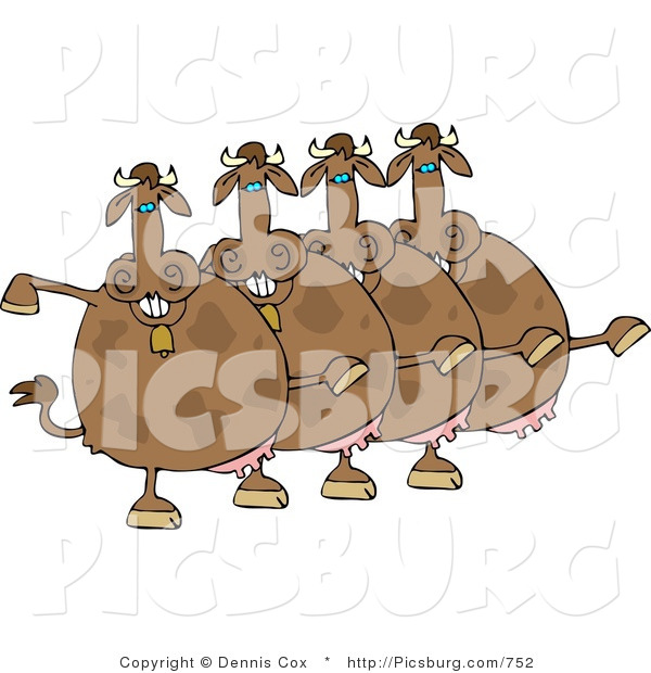 Clip Art of a Spotted Brown Cow Chorus Dancing Together As a Group