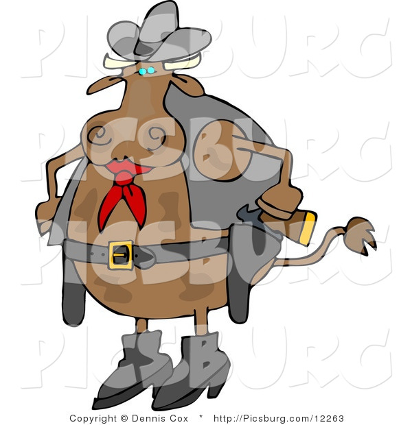 Clip Art of a Spotted Brown Cowboy Cow