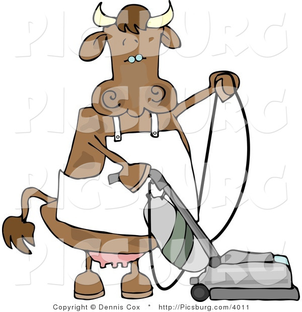 Clip Art of a Spotted Brown Housewife Cow Using the Vacuum on the Floor