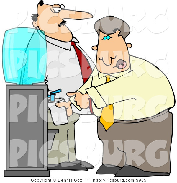 Clip Art of a Stern Boss Man Keeping a Close Eye on an Employee Filling His Cup with Water