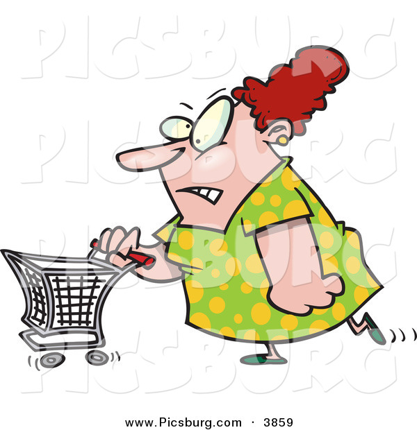 Clip Art of a Stressed out Obese Caucasian Woman Pushing a Shopping Cart in a Store