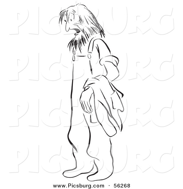 Clip Art of a Surprised Homeless Man Looking down - Black and White Line Art