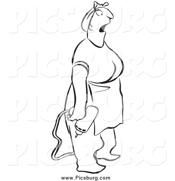 Clip Art of a Surprised Woman Holding a Power Drill, Black and White