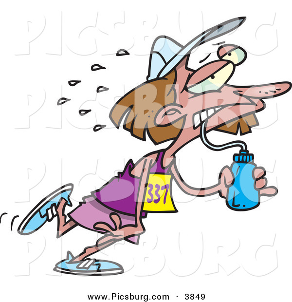 Clip Art of a Sweating and Exhausted Marathon Runner Woman Drinking Water from a Bottle