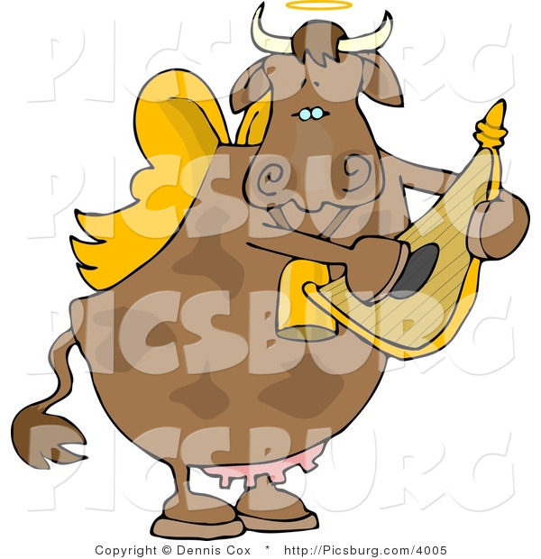 Clip Art of a Sweet Cupid Angel Cow Playing a Small Harp