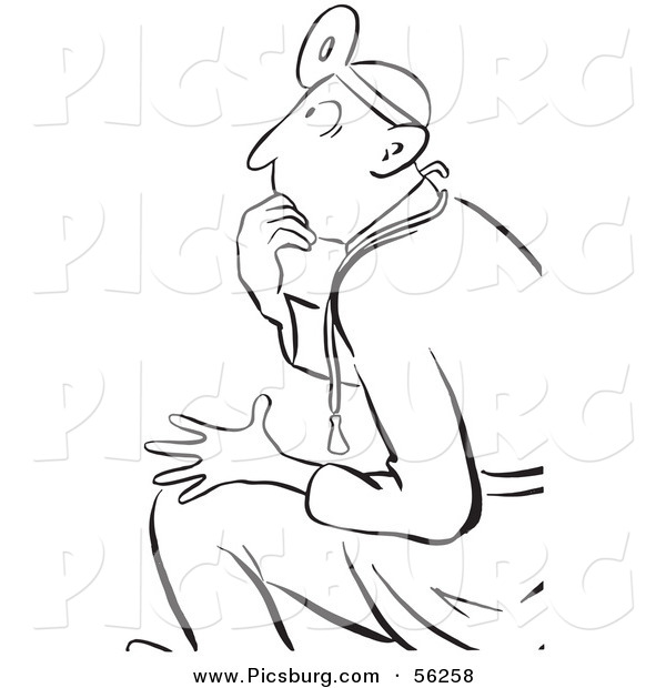 Clip Art of a Thinking Doctor in Seated Position - Black and White Line Art