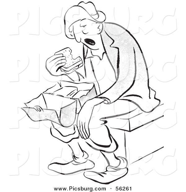 Clip Art of a Tired Worker Eating Unpalatable Sandwich for Lunch - Black and White Line Art