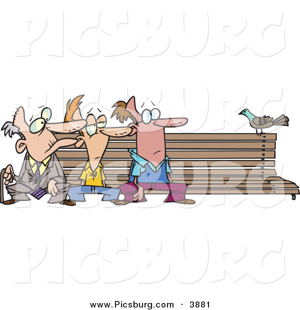 Clip Art of a Trio of Men at Different Ages, Sitting on a Wooden Park Bench by a Pigeon