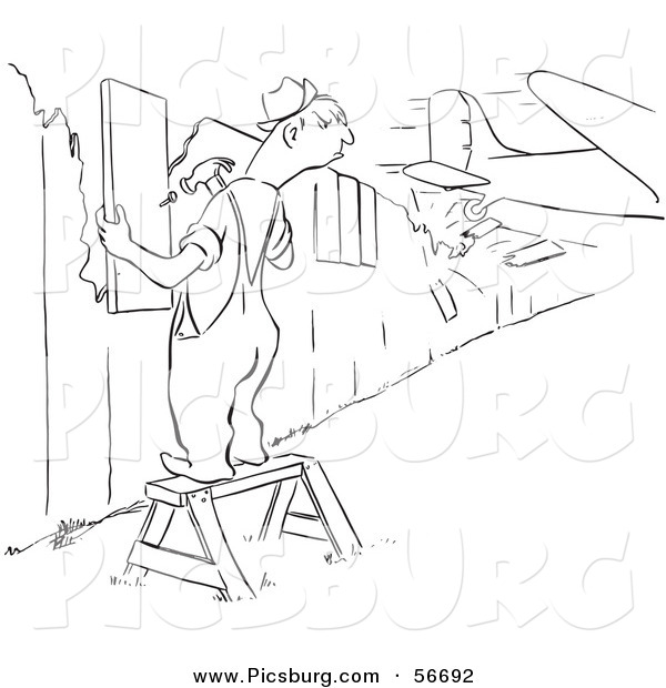Clip Art of a Upset Retro Vintage Worker Man Repairing a Fence As a Plane Crashes Through Another Section Black and White