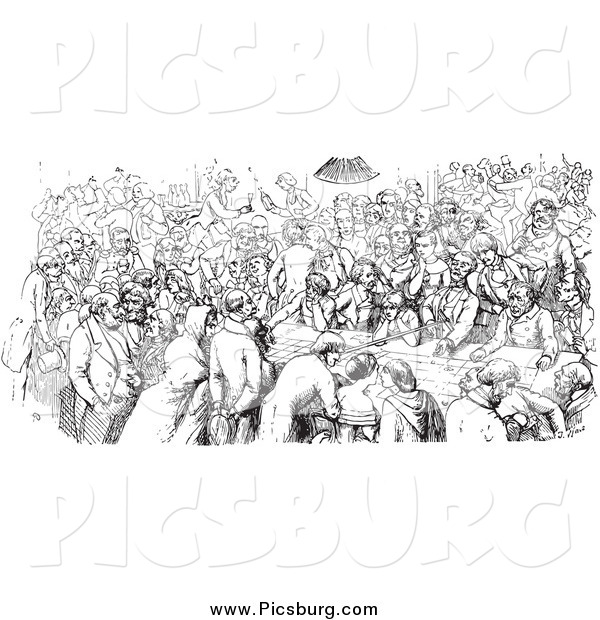 Clip Art of a Vintage Black and White Crowded Pub