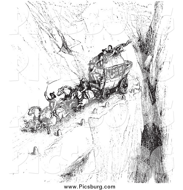 Clip Art of a Vintage Carriage on a Cliff Road, in Black and White