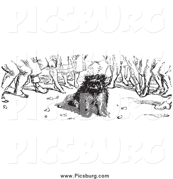 Clip Art of a Vintage Crowd Around a Dog in Black and White