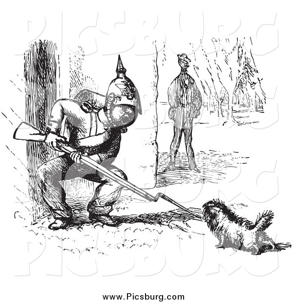 Clip Art of a Vintage Dog Challenging a Soldier in Black and White