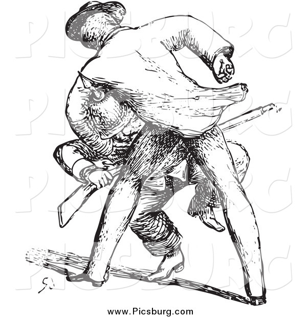 Clip Art of a Vintage Man Beating up a Guard in Black and White