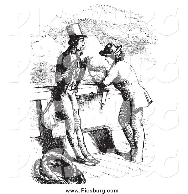 Clip Art of a Vintage Man Being Interviewed on a Boat, in Black and White