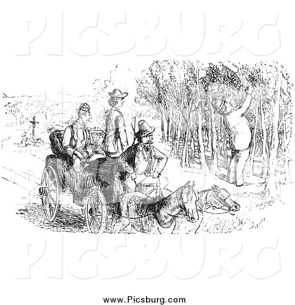 Clip Art of a Vintage Man Picking Grapes and Others Watching, in Black and White
