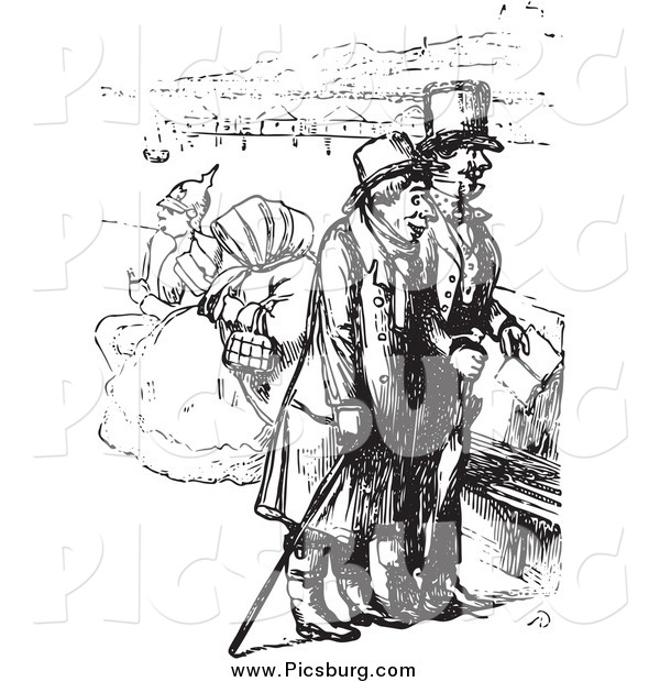 Clip Art of a Vintage Men on a Boat in Black and White
