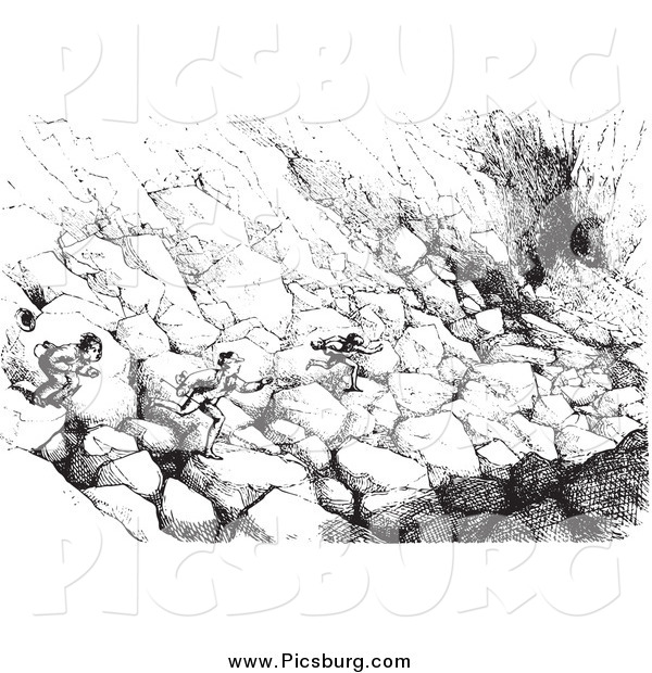 Clip Art of a Vintage Men Running over Boulders to Catch a Ride in Black and White