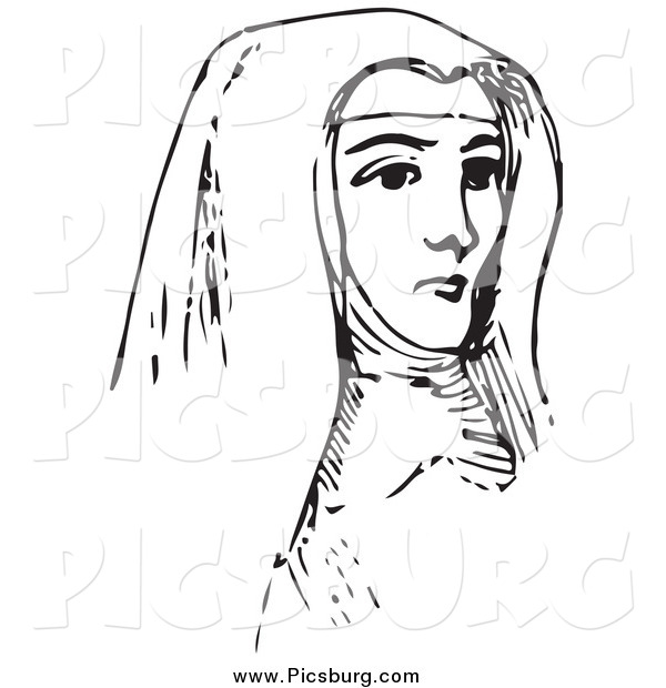 Clip Art of a Vintage Nun in Black and White