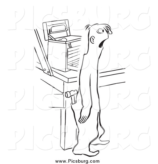 Clip Art of a Vintage Shocked Worker Man by a Tool Box Black and White