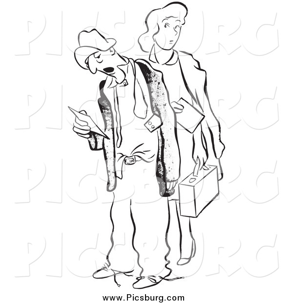 Clip Art of a Vintage Tired Worker Man and Lady with Time Sheets Black and White