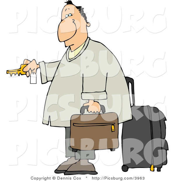 Clip Art of a Weary Caucasian Traveler Businessman Checking into a Hotel
