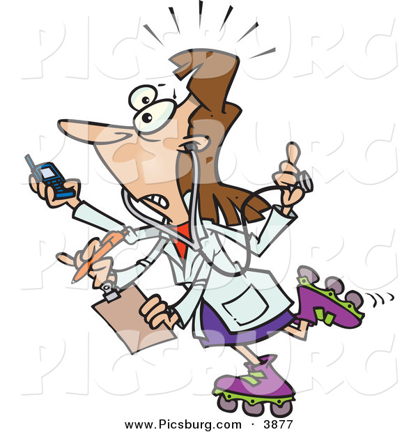 Clip Art of a White Brunette Female Doctor with 4 Arms Multi Tasking