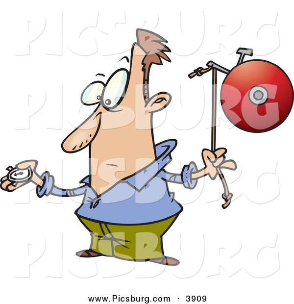 Clip Art of a White Man with a Watch, Preparing to Ring a Bell on Time