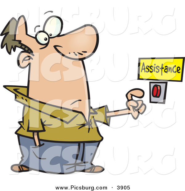 Clip Art of a Wide Eyed Caucasian Man About to Push a Customer Service Button Under an Assistance Sign