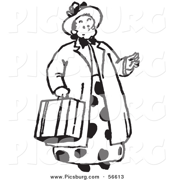 Clip Art of a Women Carrying a Suitcase - Black and White Line Art