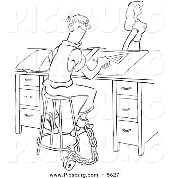 Clip Art of a Working Businessman Chained to a Chair While Watching Attractive Young Lady Walk by in Front of Him - Black and White Line Art