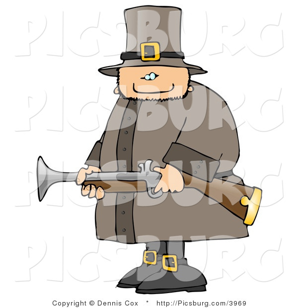 Clip Art of an Armed Pilgrim Man Hunting Birds and Holding a Musket